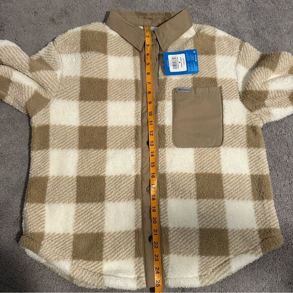 Columbia Women's West Bend Shirt Jacket Shacket Button Sherpa Fleece Plaid M Tan - Picture 9 of 9
